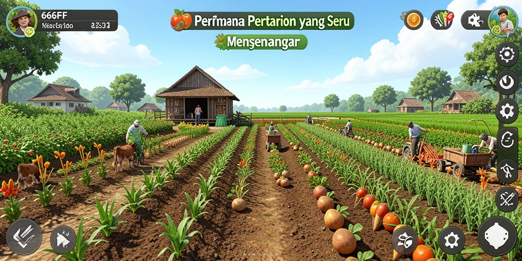 Tampilan gameplay 666FF yang menampilkan ladang subur dan hewan ternak.
