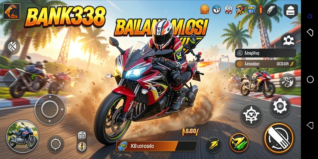 Tampilan gameplay yang seru dari BANK338 dengan motor balap yang cepat.