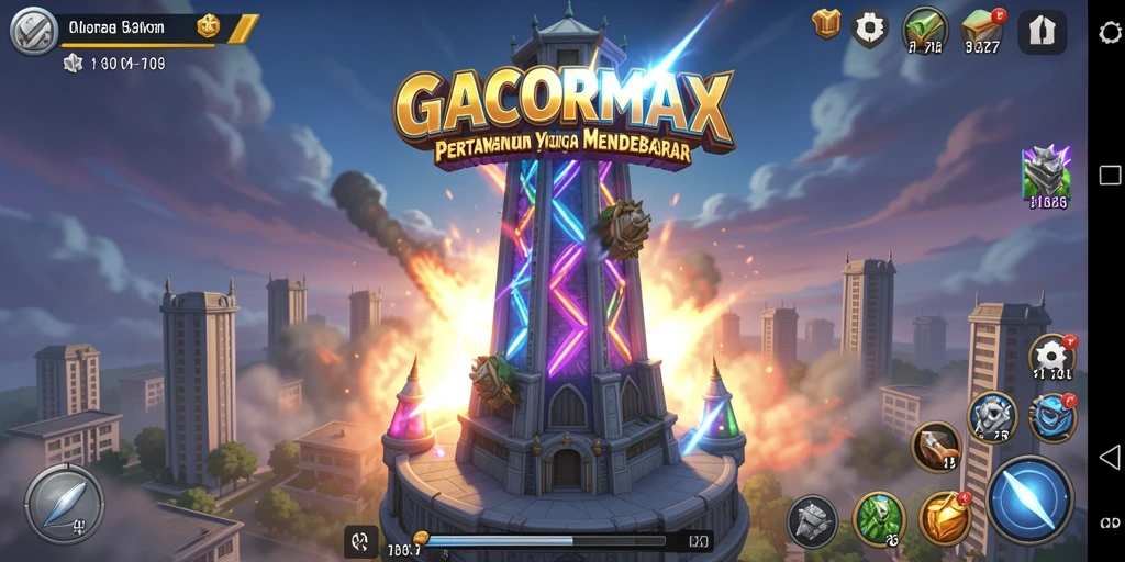 Screenshot gameplay menampilkan aksi menara pertahanan yang intens.