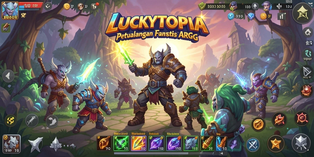 Screenshot gameplay menunjukkan pertarungan aksi seru dalam LUCKYTOPIA.