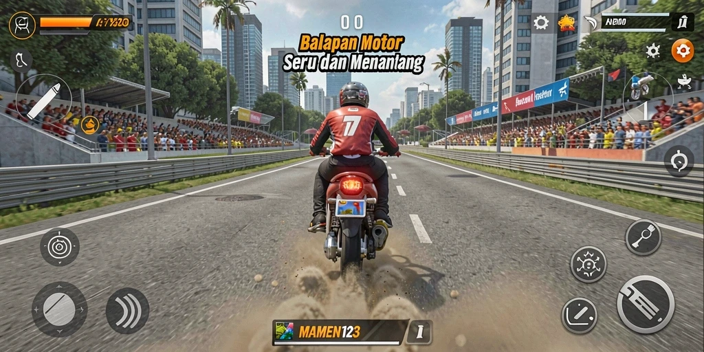Screenshot MAMEN123 menampilkan aksi balapan motor yang cepat dan dinamis.