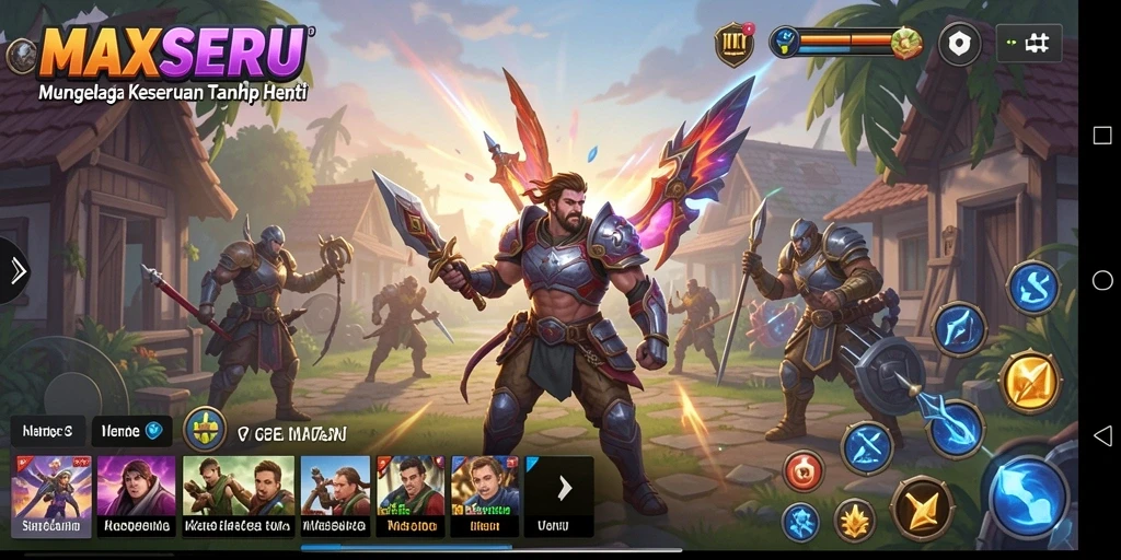 Tampilan gameplay <strong>MAXSERU</strong> yang menarik dengan berbagai karakter dan aktivitas.