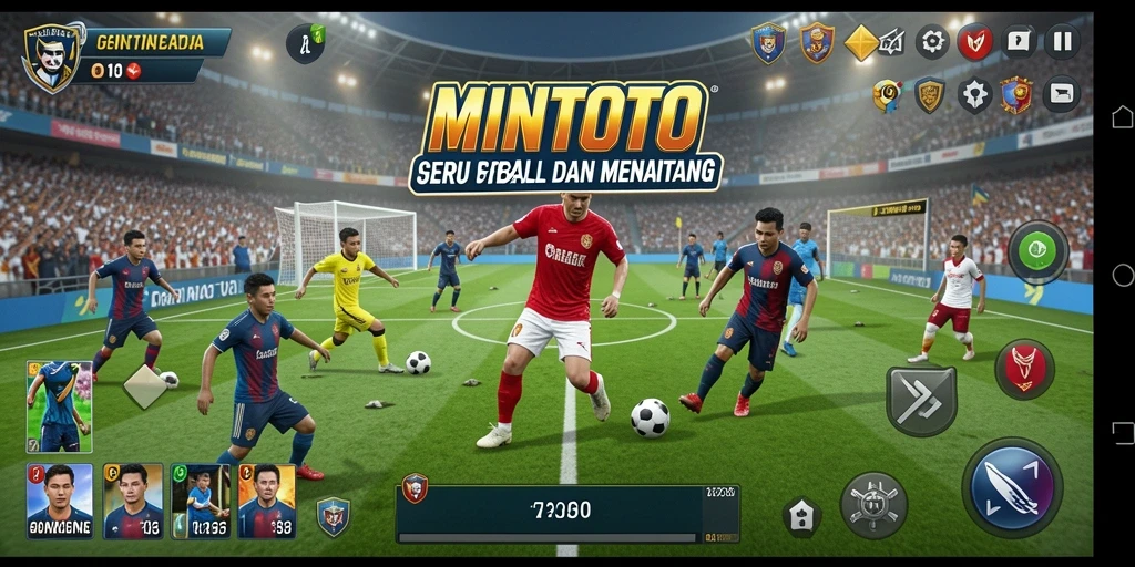 Screenshot utama MINTOTO memperlihatkan aksi seru di lapangan sepak bola.