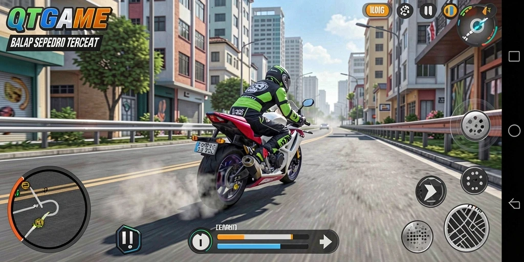 Tampilan gameplay QTGAME yang mendebarkan dalam balapan motor.