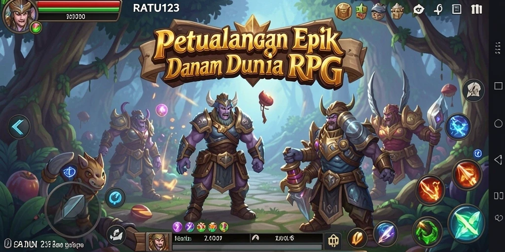 Tangkapan layar gameplay epic dalam RATU123, menampilkan pertarungan karakter RPG.